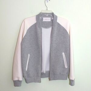 Mustard seed,  two toned Gray and white zip front Varsity jacket.Sm